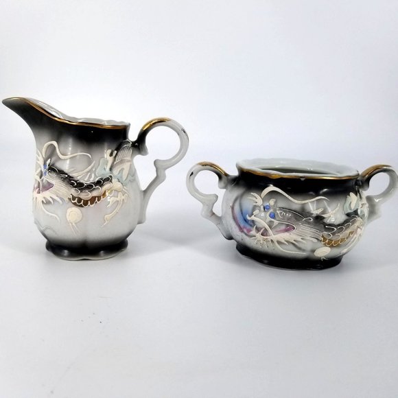 Dragon Ware Japanese Moriage Betsons Cream Sugar Bowl Set 2 With Lid Grey Blue - Picture 1 of 14